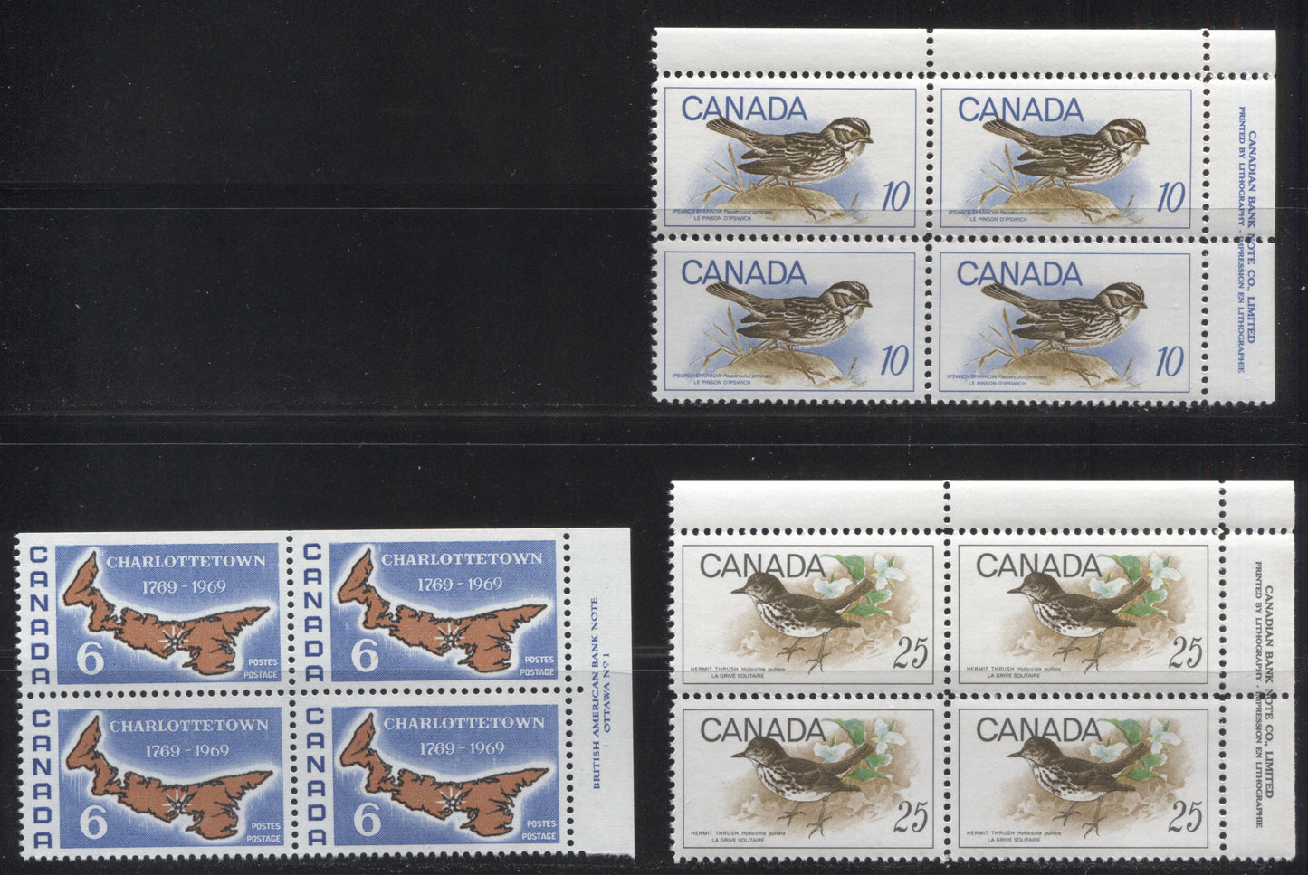 Lot 98 Canada #497-499 6c, 10c & 25c Ultramarine, Orange Brown & Black - Black & Multicolored Map Of P.E.I - Hermit Thrush, 1969 Commemoratives, 3 VFNH UR Plate 1 Blocks Of 4 HB Paper