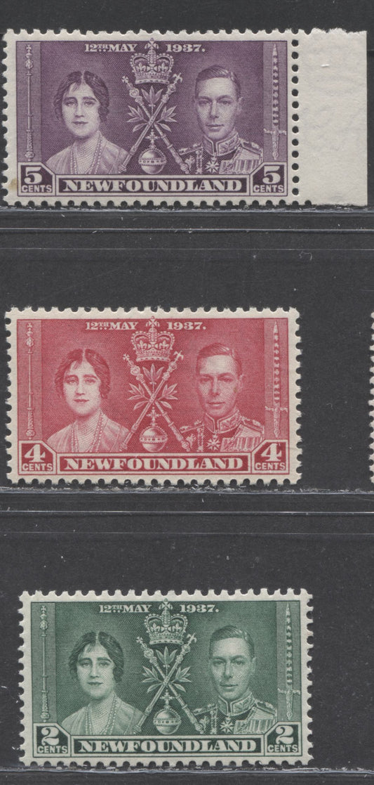 Lot 98 Newfoundland #230-232 2c - 5c Deep Green - Dark Violet Queen Elizabeth & King George VI, 1937 Coronation Issue, 3 VFNH Singles