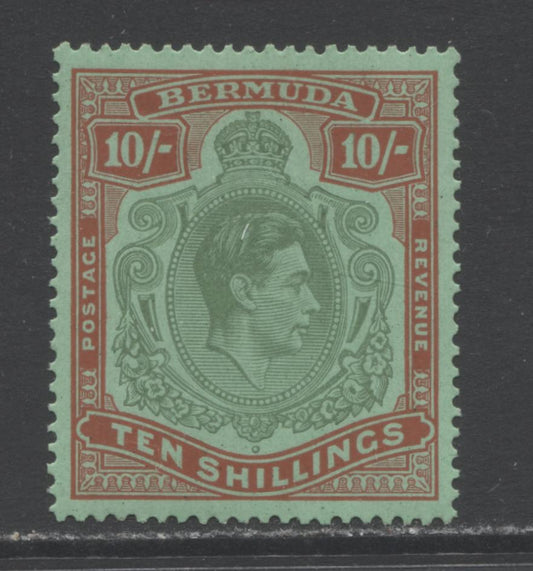 Lot 98 Bermuda SC#126b 10/- Bluish Green & Deep Red on Green, Perf. 14, Chalky Paper 1938-1953 King George VI Keyplate Definitives, A VFOG Example, Click on Listing to See ALL Pictures