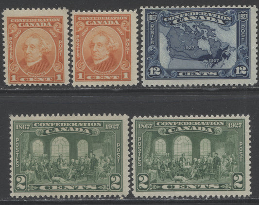 Lot 98 Canada #141-145 1c - 12c Orange - Dark Blue Sir John A Macdonald - Map Of Canada, 1927 60th Anniversary Of Confederation Issue, 9 FNH Singles, Including Subtle Shade Variations