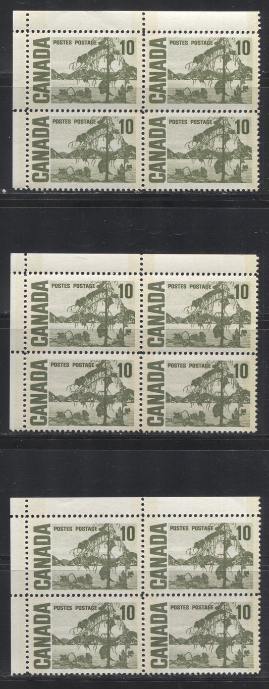 Lot 99 Canada #462p 10c Olive Green Jack Pine, 1967-1973 Centennial Definitive Issue, Three VFNH UL Tagged Field Stock Blocks Of 4 On DF Papers, Dark Olive Green Ink Under UV And Smooth & Streaky Dex Gums