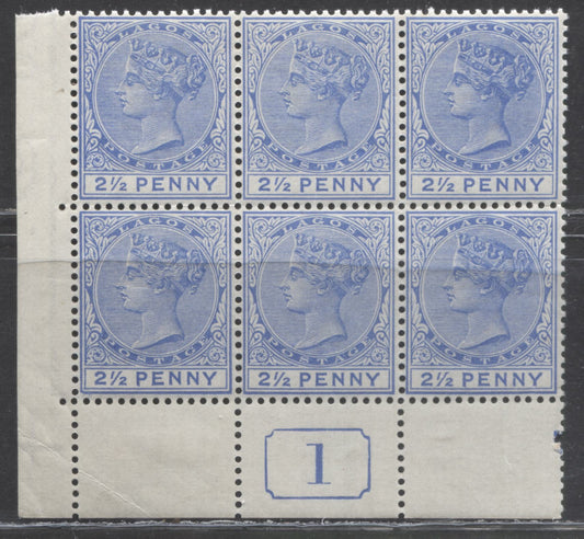 Lot 99 Lagos SC#19b 2.5d Deep Ultramarine 1887-1903 Bicolored Issue, Type 2, Larger Letters Of Value, A VFNH Lower Left Plate Block of 6 Showing Current Number, Click on Listing to See ALL Pictures, Estimated Value $300 USD
