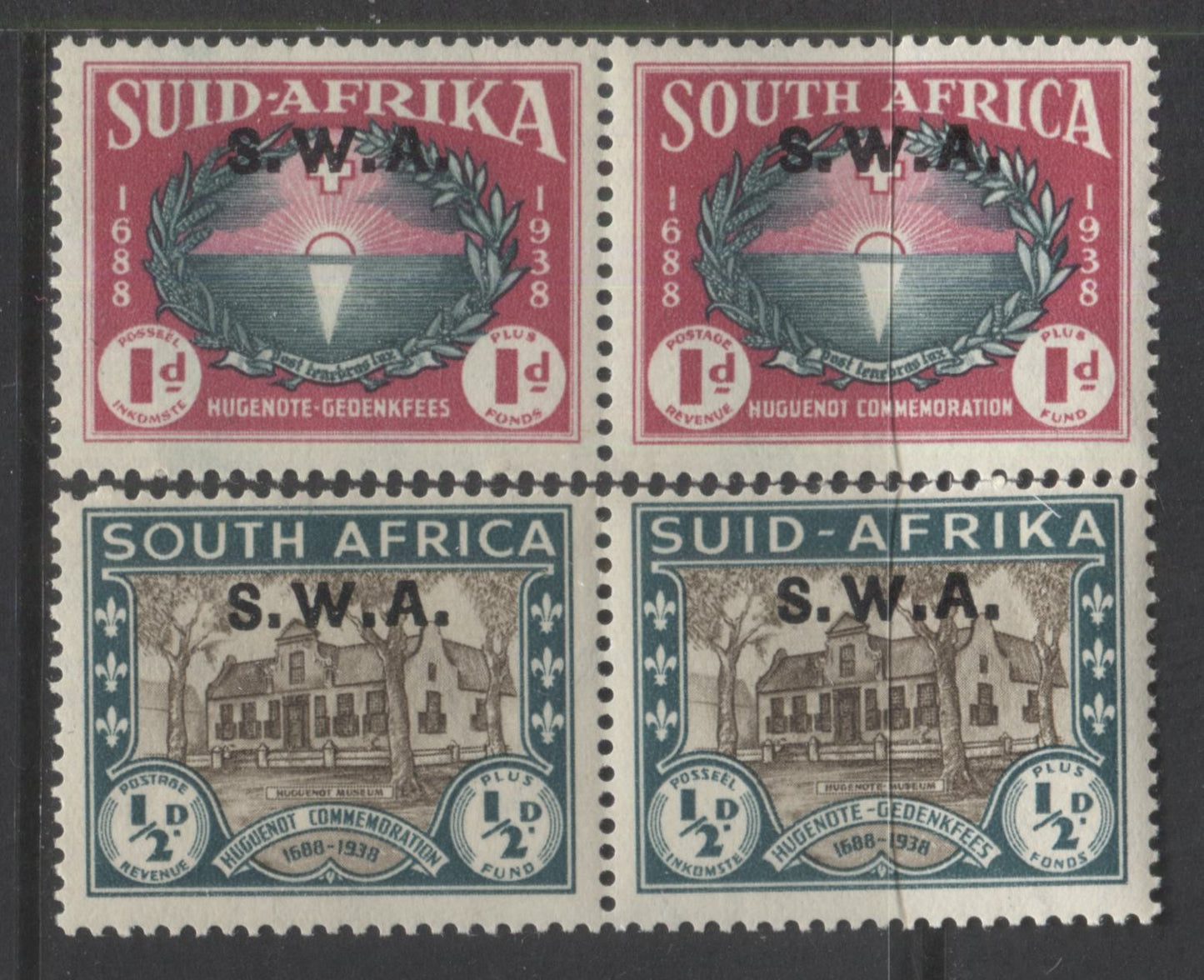 Lot 99 South West Africa SG#111-112, 1939 250th Anniversary Of Huguenot Landing Overprinted Issue, 2 Fine NH and VFNH Pairs, Perf 14, Mult Springbok's Head Watermark, SG. Cat. 37 GBP = $63.64