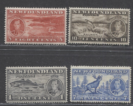 Lot 99 Newfoundland #233, 235-237 1c - 10c Gray Black - Deep Olive Codfish - Salmon, 1937 Long Coronation Issue, 4 VFOG Singles