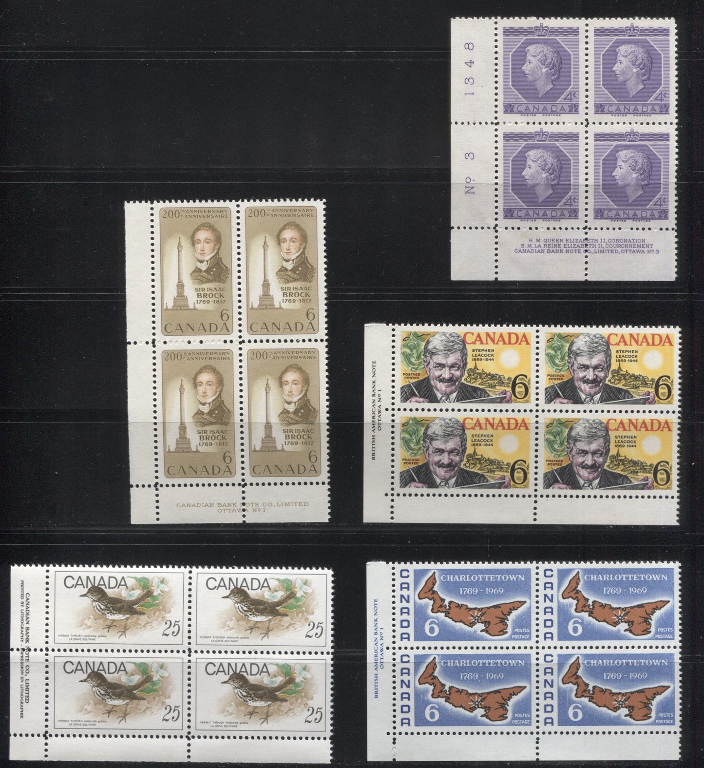 Lot 99 Canada #330, 498-499, 501, 504 4c, 6c & 25c Violet - Multicolored Queen Elizabeth II - Leacock And Mariposa, 1953-1969 Commemoratives, 5 VFNH LL Plate 1 & 3 Blocks Of 4 On Dull & HB Papers