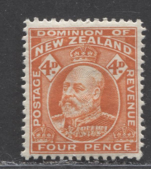 Lot 99 New Zealand SC#134 4d Orange, Perf 14 x 14.5 1909-1916 King Edward VII Definitive Issue, A VFOG Example, 2022 Scott Classic Cat. $30 USD, Click on Listing to See ALL Pictures