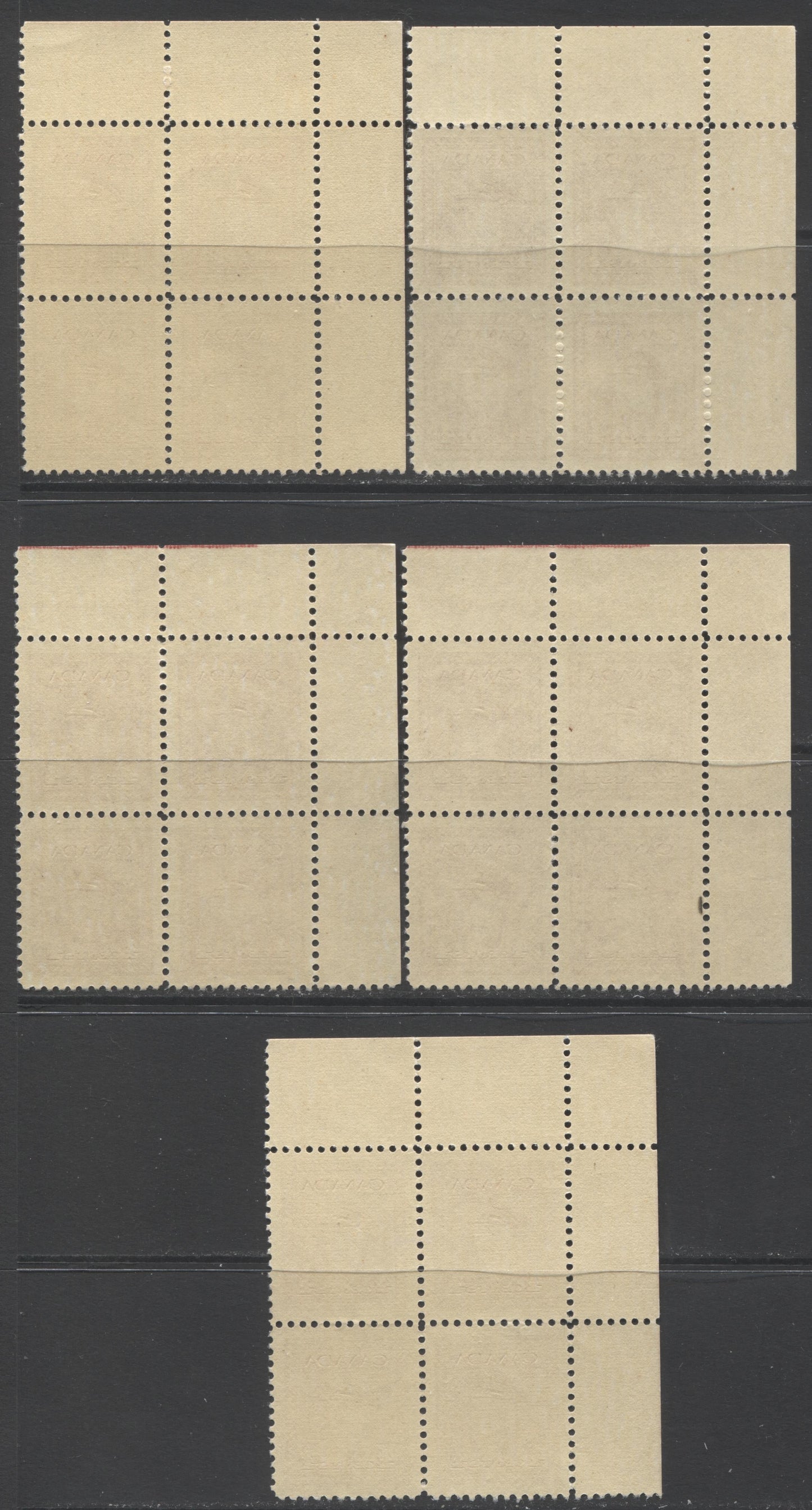 Lot 99 Canada #254 4c Dark Carmine King George VI, 1942-1943 War Issue, 5 VFNH UL Plates 32, 42 & 47 Blocks Of 4, Different Shades