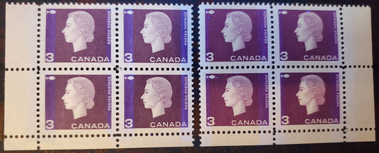 Lot 99 Canada #403vi 3c Dark Purple Fishing Industry, 1962-1963 Cameo Issue, 2 VFNH LL & LR Winnipeg Tagged Field Stock Blocks Of 4 With Purple For Comparison, Tagging Differences