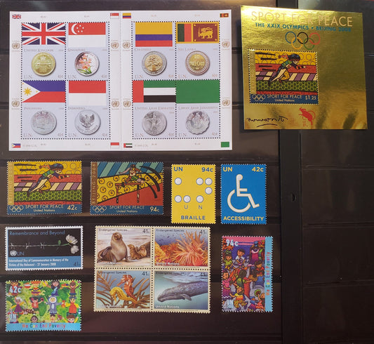 Lot 99 United Nations SC#948/967 2007-2008 Commemoratives, On Different Papers, 20 VFNH Singles, Block Of 4 & Souvenir Sheets, Click on Listing to See ALL Pictures, 2017 Scott Cat.  $26.1 USD