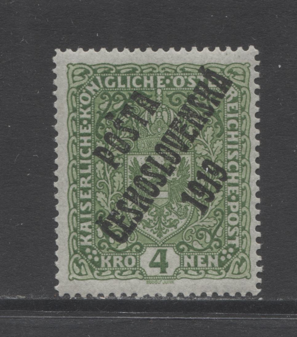 Lot B Czechoslovakia SC#B20 4k Yellow Green on Greyish 1919 Overprinted Arms Issue, A VFOG Example, Click on Listing to See ALL Pictures