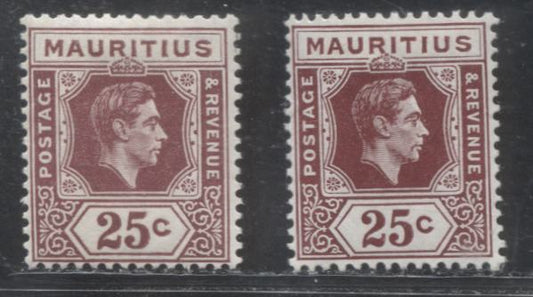 Mauritius #259, 259b 25c Brown Purple, 1938-1949 King George VI Keyplate Definitive Issue, Fine and VFLH Examples of The Wartime Printings on Ordinary and Chalky Papers
