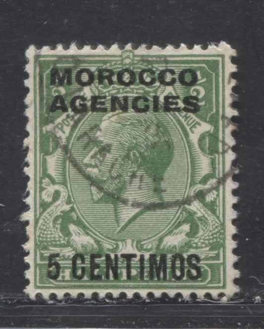 Morocco Agencies Spanish Currency #63 (SG#143) 5c on 1/2d Green, 1924-1934 King George V Heads, Watermarked Block Cypher, Overprinted and Surcharged, a VF Used Example