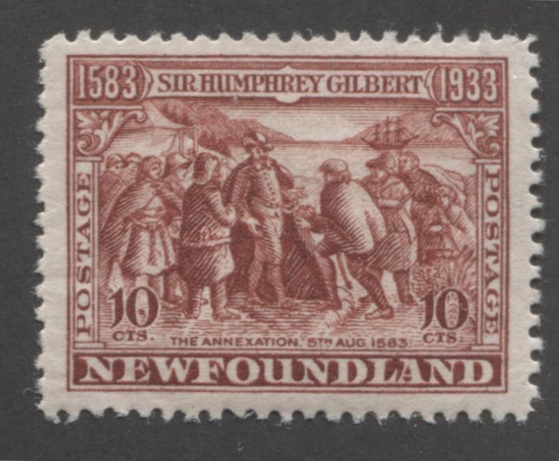 Newfoundland #220b 10c Lake Brown The Annexation of Newfoundland, 1933 Sir Humphrey Gilbert Issue, Very Fine OG Example of the Scarce Line Perf. 13.9