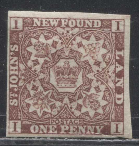 Newfoundland #1 1d Brown Violet, Crown and Heraldic Flowers, 1857-1860 Pence Issue, A Fine Appearing, But VG Mint Example on Thick Paper