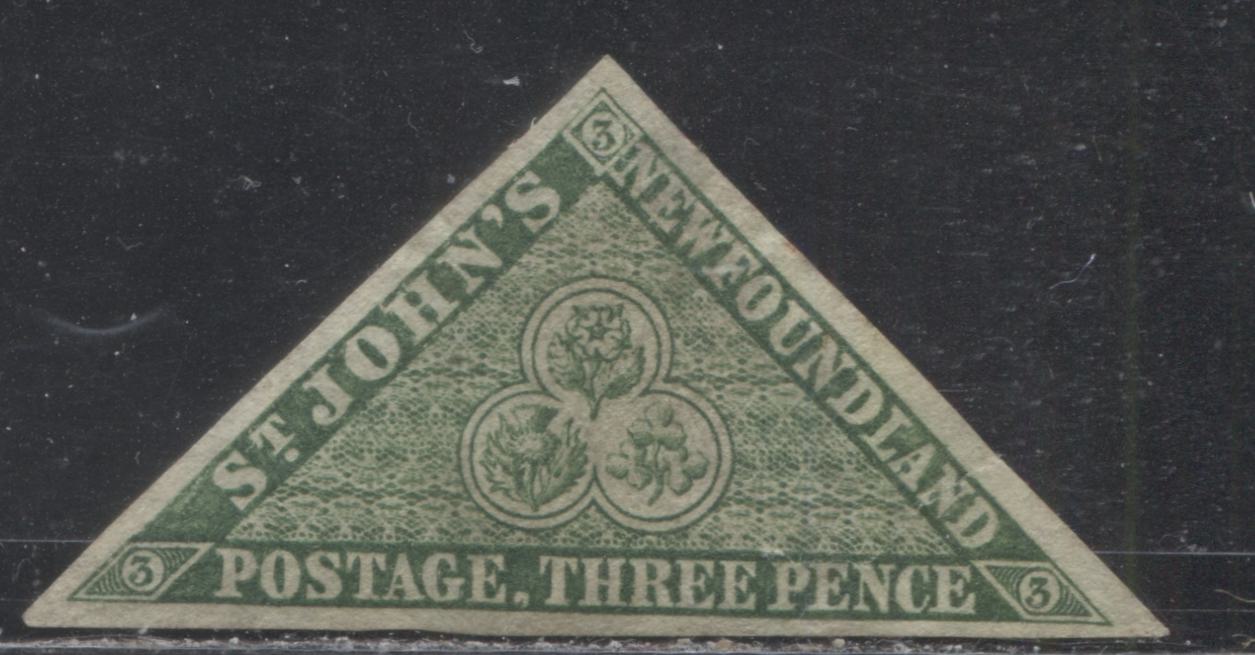 Newfoundland #11A 3d Dark Green, Heraldic Flowers, 1857-1860 Pence Issue, A VF Appearing But VG Unused Example on Thin Hard Paper