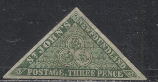 Newfoundland #11A 3d Dark Green, Heraldic Flowers, 1857-1860 Pence Issue, A VF Appearing But VG Unused Example on Thin Hard Paper