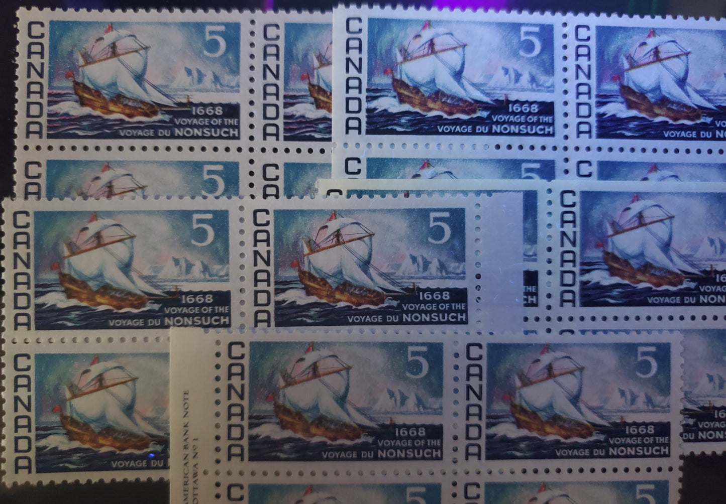 Canada #482var 5c Dark Blue & Multicolored Nonsuch, 1968 Voyage Of The Nonsuch, 5 VFNH Plate Inscription Pairs On NF, DF & Non Flecked Papers