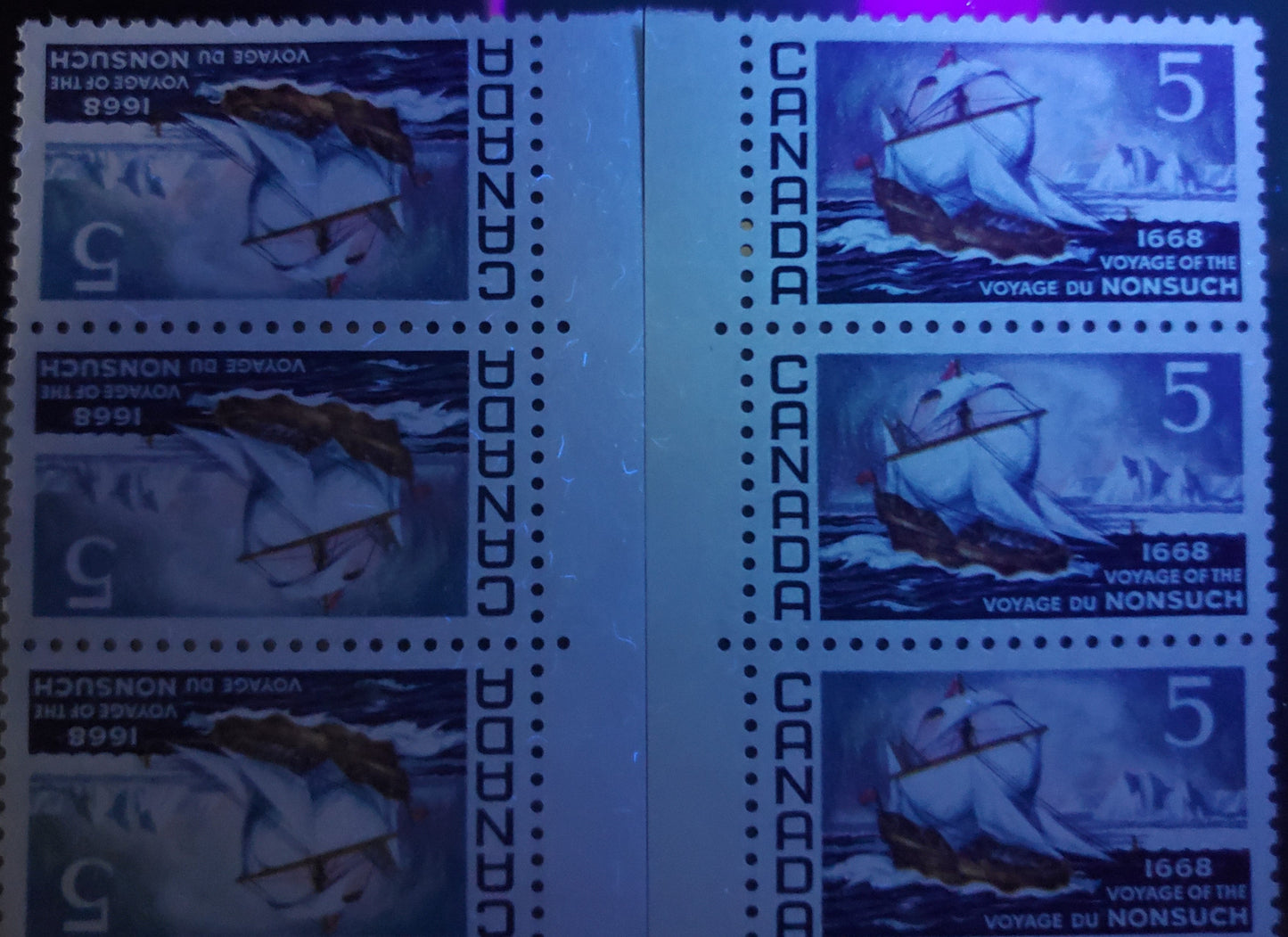 Canada #482var 5c Dark Blue & Multicolored Nonsuch, 1968 Voyage Of The Nonsuch, 5 VFNH Plate Inscription Pairs On NF, DF & Non Flecked Papers