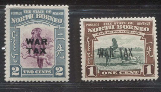 North Borneo SG#318-319 1c Buffalo Transport - 2c Palm Cockatoo, 1941 War Tax Overprints On 1939-1941 Pictorial Definitive Issue, VFLH Examples