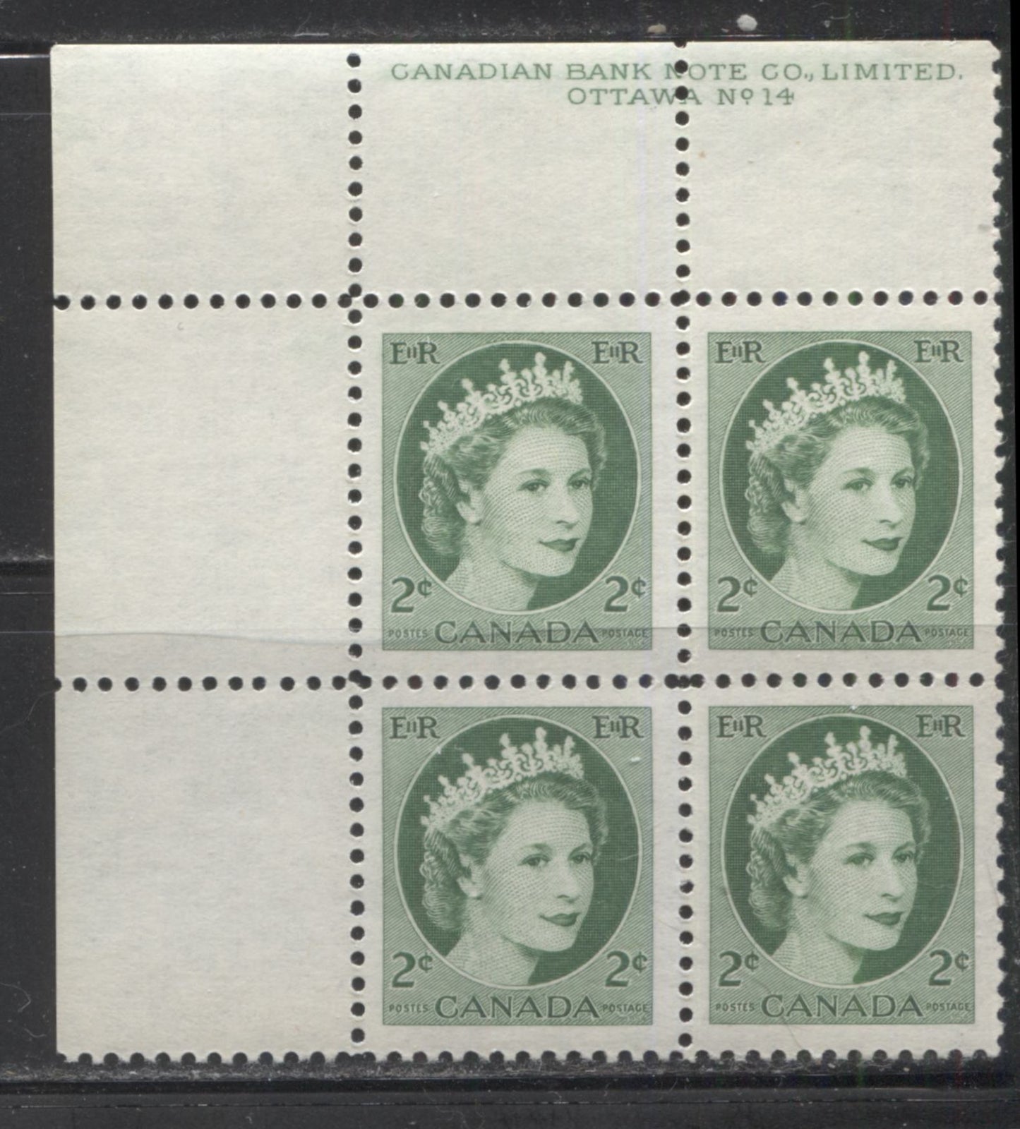 Canada #338ii 2c Deep Bright Green Queen Elizabeth II, 1954-1962 Wilding Issue A VFNH Upper Left Plate 14 Block on Fluorescent Paper