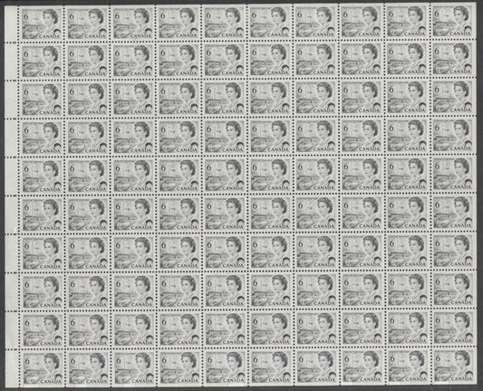 Canada #460ii 6c Black Transportation, 1967-1973 Centennial Definitive Issue, A VFNH Complete Field Stock Pane of the Scarce Hibrite Paper, Die 1