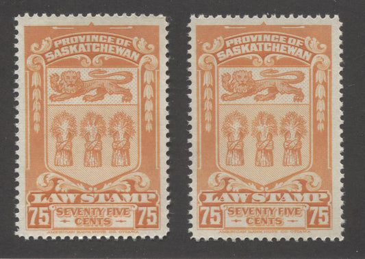 Sakatchewan #SL50 75c Bright Orange 1938-1968 Second Law Issue, Early and Late Printings, Very Fine Mint NH