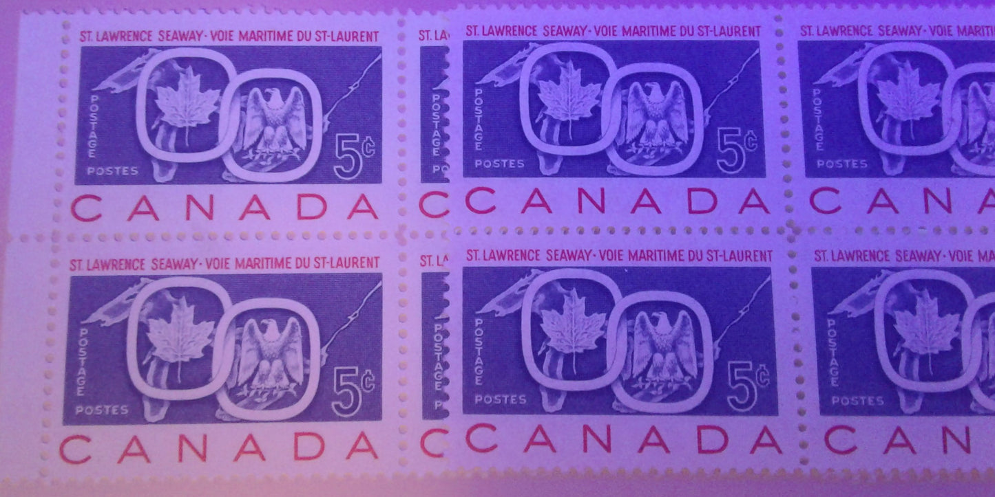 Canada #389 5c Golden Brown and Deep Ultramarine 1960 50th Anniversary of Girl Guides Issue,  A Group of 8 VFNH Field Stock and Plate Blocks, All Different With Respect to Paper, Shade, Position or Perf.