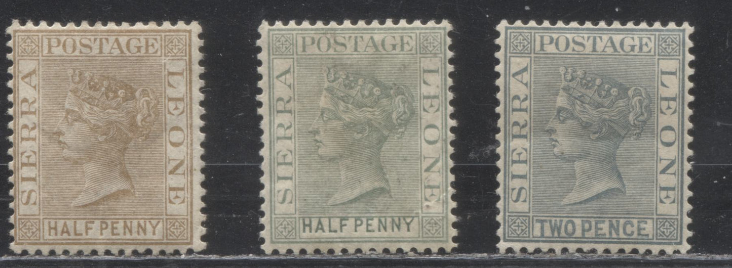 Sierra Leone #11, 22, 26 (SG#16, 27, 30) 1/2d Brown - 2d Grey, Queen Victoria, 1876-1891 Keyplate Issue, Watermarked Crown CC and Crown CA, Three Fine and VG Mint Stamps