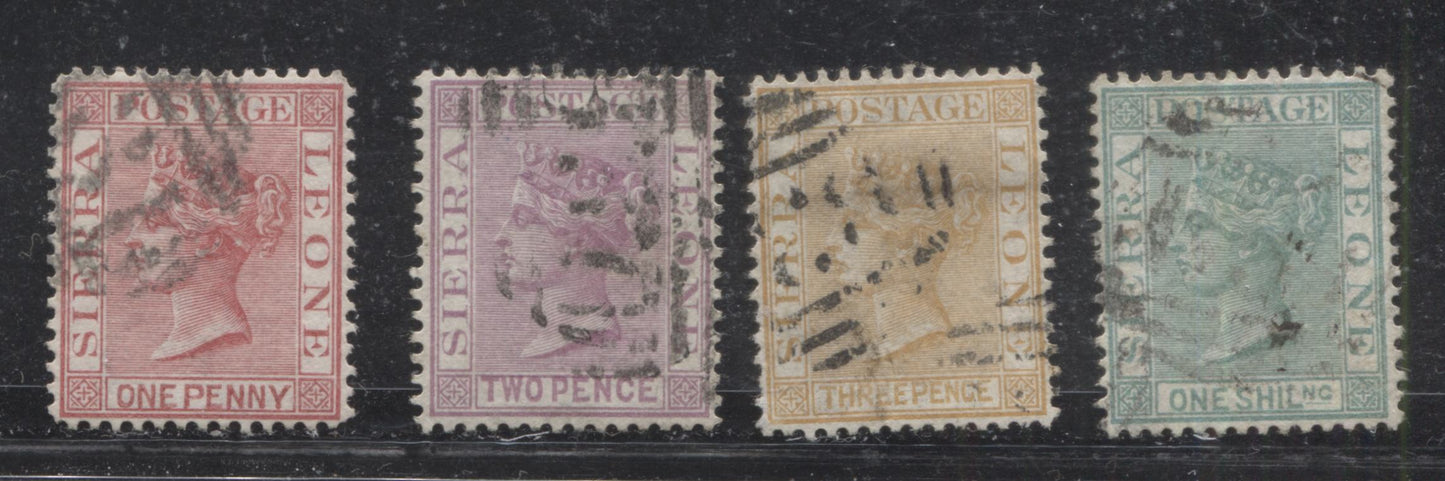 Sierra Leone #12/20 (SG#17/22) 1d Rose Red - 1/- Green, Queen Victoria, 1876-1880 Keyplate Issue, Perf. 14, Watermarked Crown CC, Four VF Used Stamps