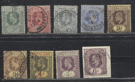 Sierra Leone #90/98 (SG#99/107) 1/2d Dull Green - 6d Dull Purple & Bright Purple, King Edward VII, 1907-1912 Third Imperium Keyplate Issue, Watermarked Multiple Crown CA, Nine Mostly VF Used Stamps