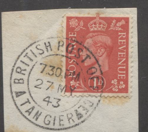 Morocco Agencies - GB Stamps Used in Morocco #Z198 1d Pale Scarlet, King George VI, a VF Used Single Tied to Piece by May 27, 1943 Tangier Cancel