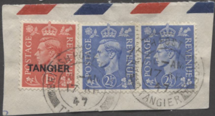 Morocco Agencies - GB Stamps Used in Morocco #Z201 2.5d Pale Ultramarine, King George VI, a VF Used Pair, Plus Overprinted 1d Pale Scarlet Tied to Piece by April 17, 1947 Tangier Cancel