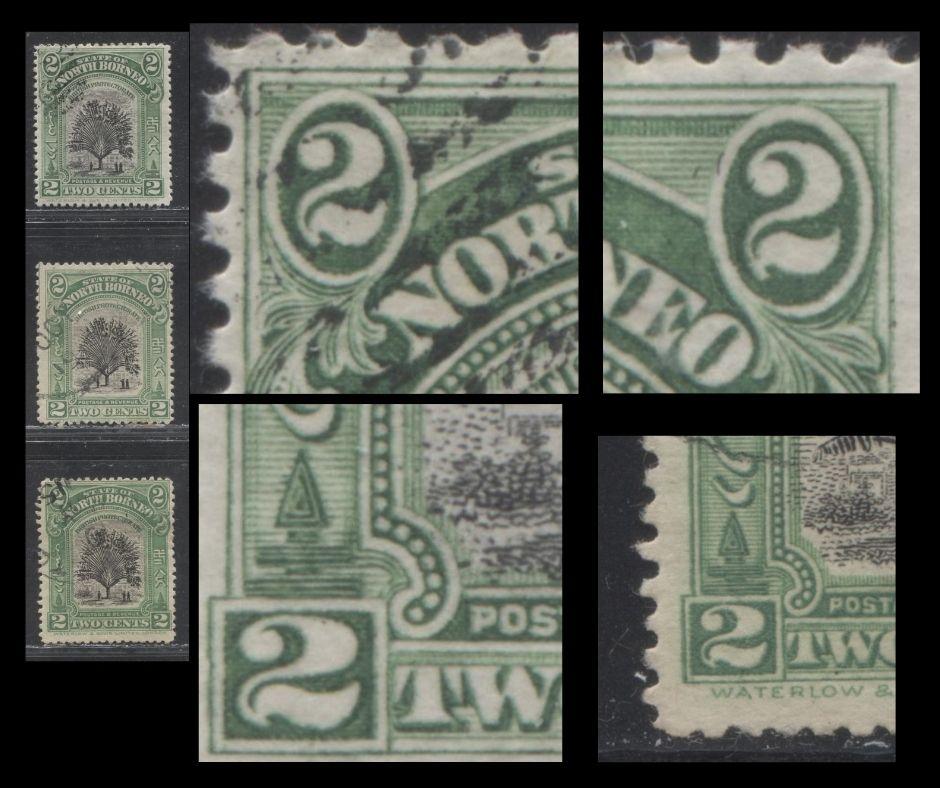 Lot 191 North Borneo SG#160 2c Black and Green Travellers' Tree, 1909-1923 Pictorial Definitive Issue, 3 Fine Used Singles, All With Visible Re-Entries
