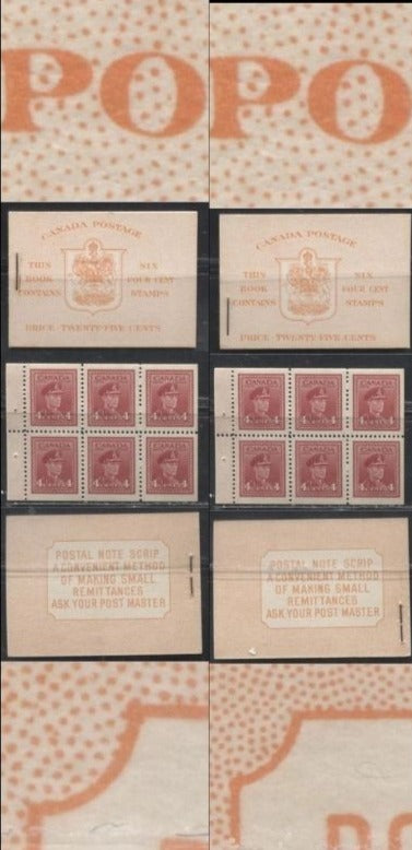 Lot 278 Canada #BK36f (McCann #36l) 1942-1949 War Issue, Complete 25¢ English Booklet, 1 Pane of 4c Carmine-Red, Vertical Wove Paper, Harris Front Cover IIi, Back Cover Types Cbii and Cbiii, Surcharged 7c and 6c Rate Page, 14 mm Staple
