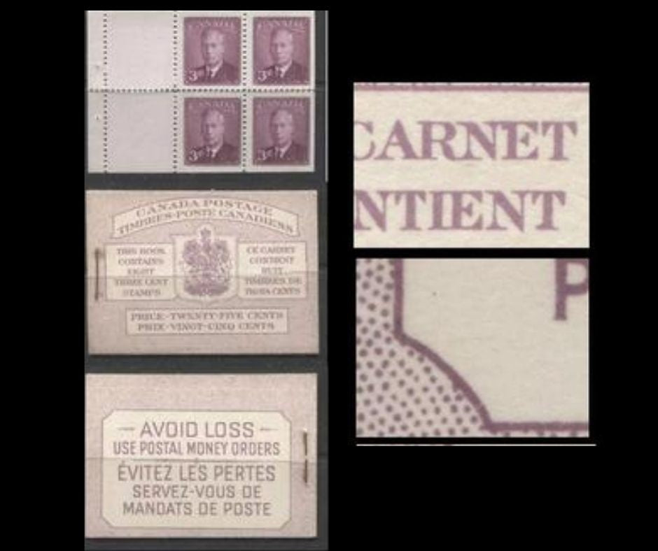 Lot 306 Canada #BK40b 1949-1953 Postes-Postage Issue,  Complete 25c Bilingual Booklet Containing 2 Panes of the 3c Rose-Purple King George VI, Harris Front Cover Type IIIc, Back Cover Gi, No Rate Page