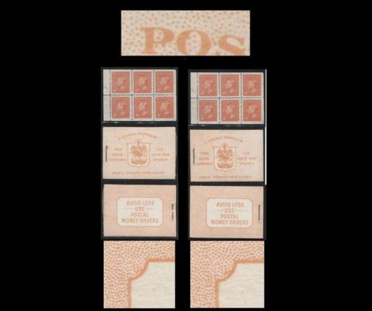 Lot 99 Canada #BK42a 1949-1953 Postes-Postage Issue Two Different Complete 25c English Booklets Containing 1 Pane of 6 of the 4c Orange King George VI Harris Front Cover Type IIi , Back Cover Ei and Eii, No Rate Page
