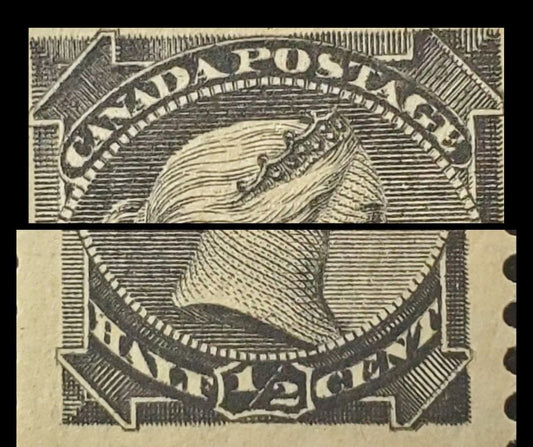 Lot 87 Canada #34iv 1/2c Black Queen Victoria, 1870-1893 Small Queens, A VFNH Single Perf 12 x 12.1, Position 4a Major Re-entries (R&S 1-40)