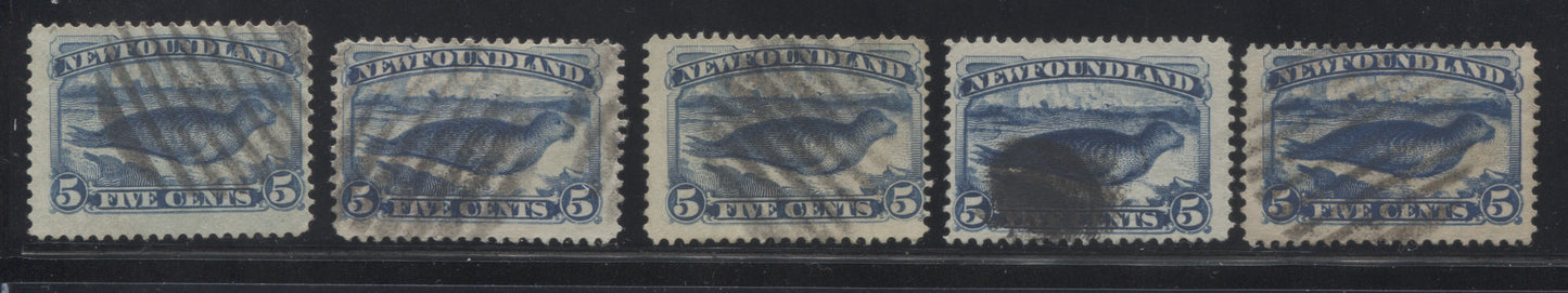Newfoundland #54 5c Dark Blue Seal, 1880-1896 Third Cents Issue, a Group of 5 Fine Used Stamps, Including Extra Shades and Paper Types