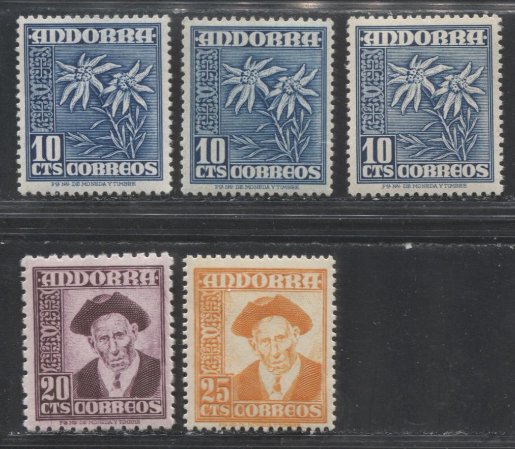 Spanish Andorra #39-41 10c Blue - 25c Orange 1948-1953 Definitives, VFOG Examples of Three Values From the Set, Including 3 Different Printings of the 10c