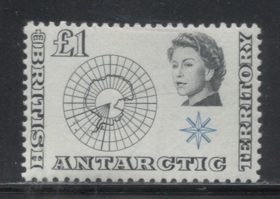 British Antarctic Territory SG#15 1963-1969 Pictorial Definitive Issue, A VFNH Single of the One Pound Black and Light Blue