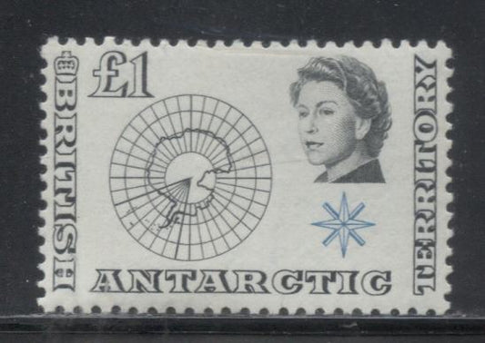 British Antarctic Territory SG#15 1963-1969 Pictorial Definitive Issue, A VFNH Single of the One Pound Black and Light Blue