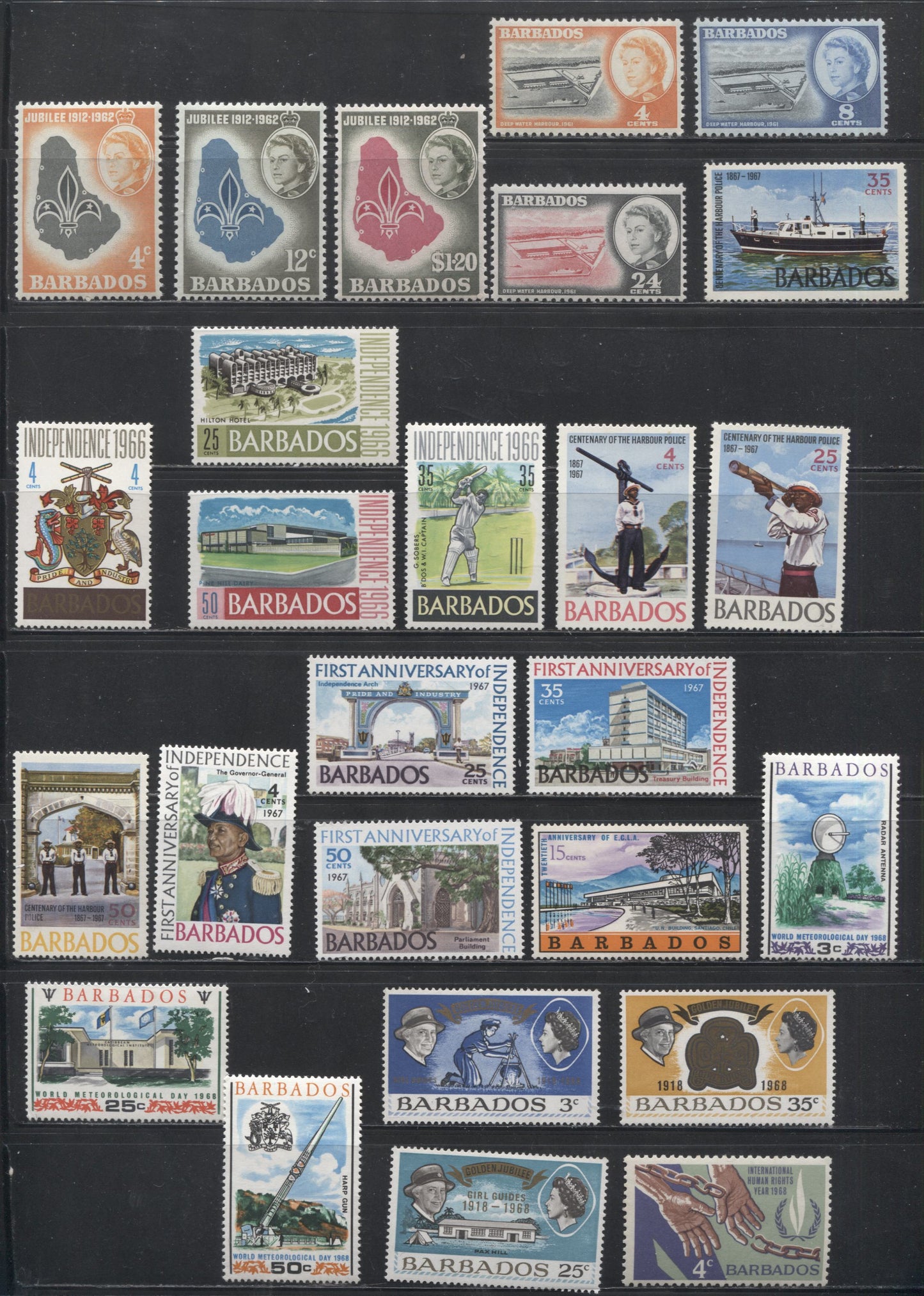 Barbados SG#306/MS424 1961-1970 Commemoratives, a Mostly Complete VFNH Group of Fifteen Sets