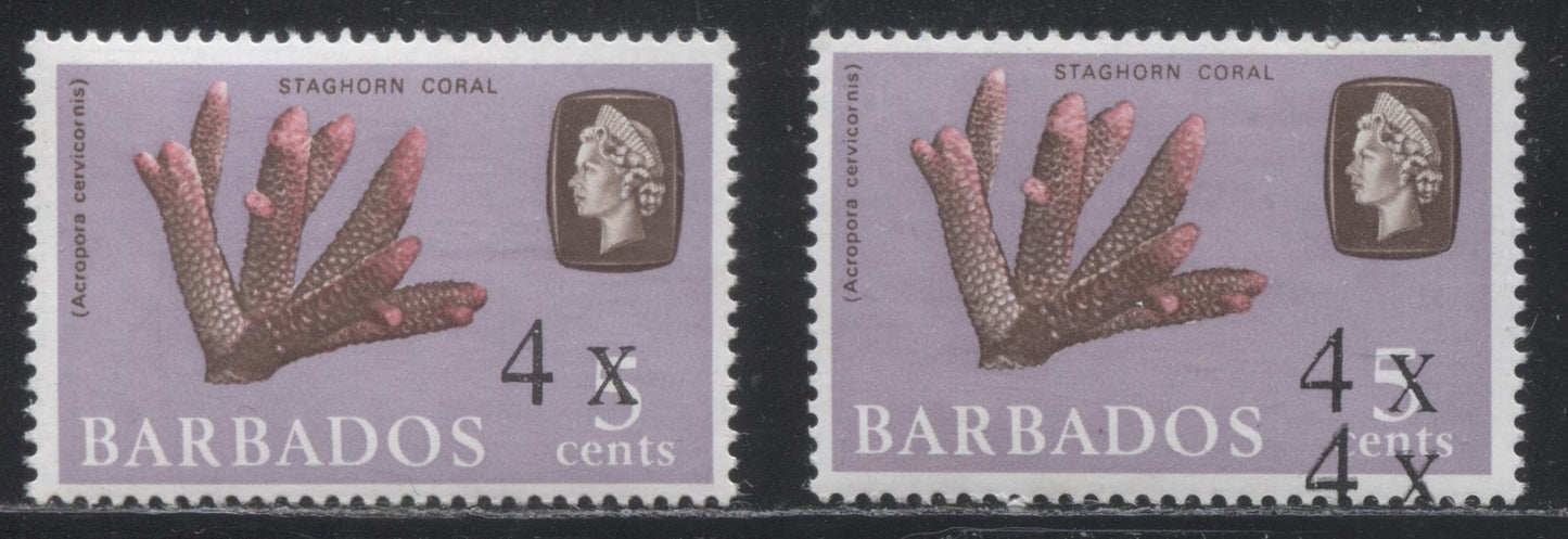 Barbados SG#398, 398b 1970 Marine Life Definitive Issue, VFNH Singles of the  4c on 5c Surcharge, on Coral Stamp, With Both Normal and Double Surcharge