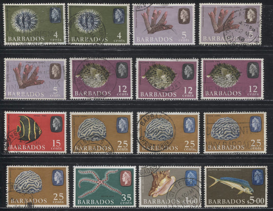 Barbados SG#342/355a 1966-1969 Marine Life Definitive Issue, F/VF Used Partial Set of the Sideways Watermarks, With Additional Paper Varieties