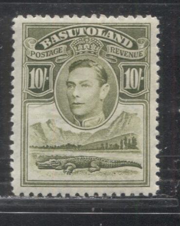 Basutoland SG#28 10/- Olive Green 1938-1952 Nile and Crocodile Pictorial Definitive Issue, a Very Fine OG Example of the 1938 Printing