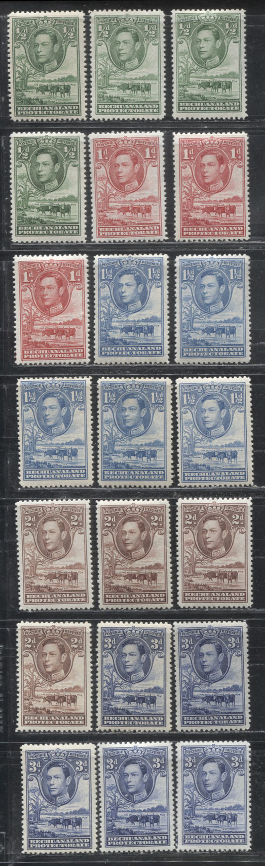 Bechuanaland Protectorate SG#118-122 1/2d Green - 3d Blue 1938-1952 Baobab Tree and Cattle Pictorial Definitive Issue, a F/VF LH Short Set to 3d Including Both 1938 and Wartime Printings