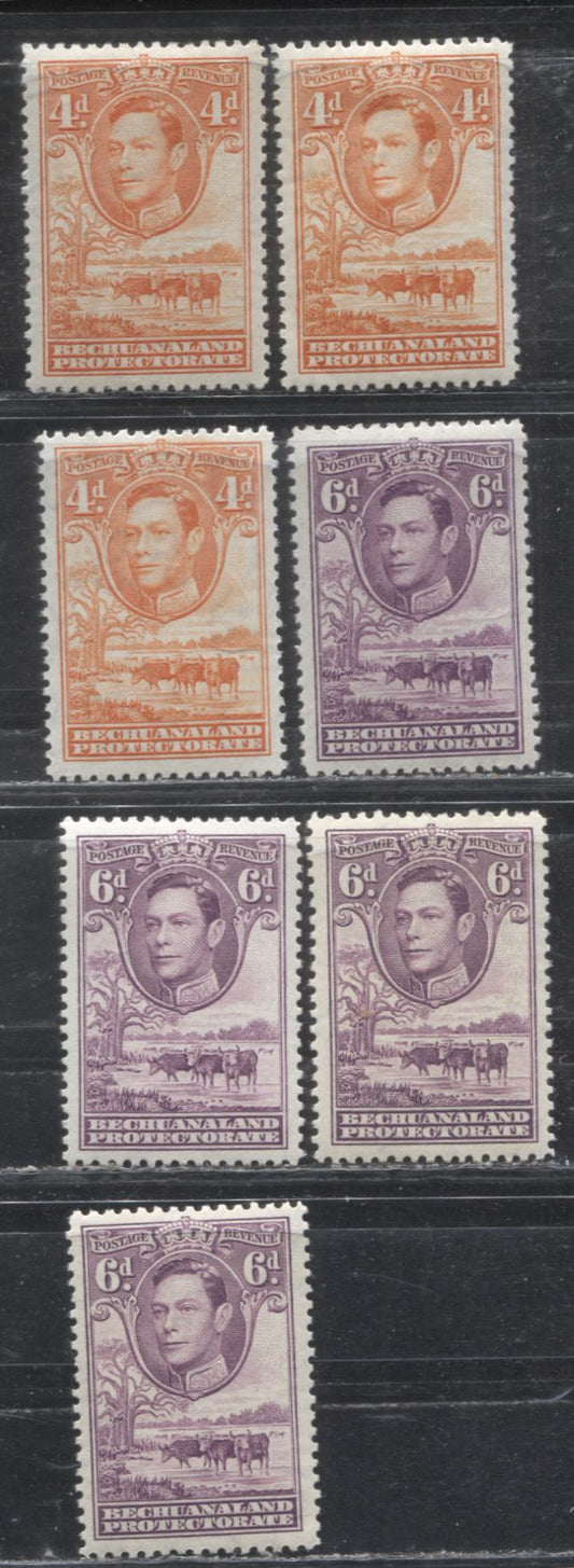 Bechuanaland Protectorate SG#123-124a 4d Orange - 6d Reddish Purple 1938-1952 Baobab Tree and Cattle Pictorial Definitive Issue, a VF LH Group of the 4d and 6d Values, Including 1938 and Wartime Printings