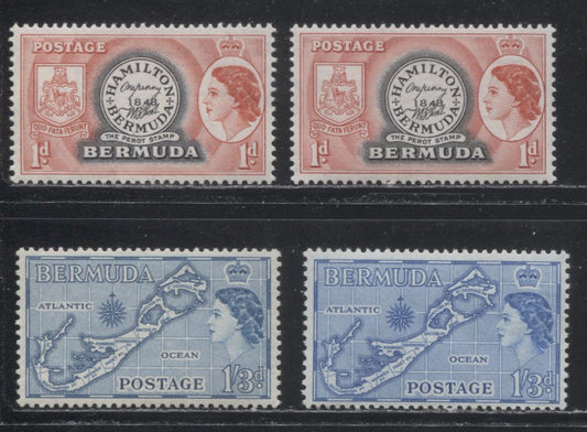 Bermuda SG#136a, 145a, 145bc 1953-1962 Waterlow Pictorial Definitive Issue, A VFNH Group of Better Listed Shades of the 1d, and 1/3d