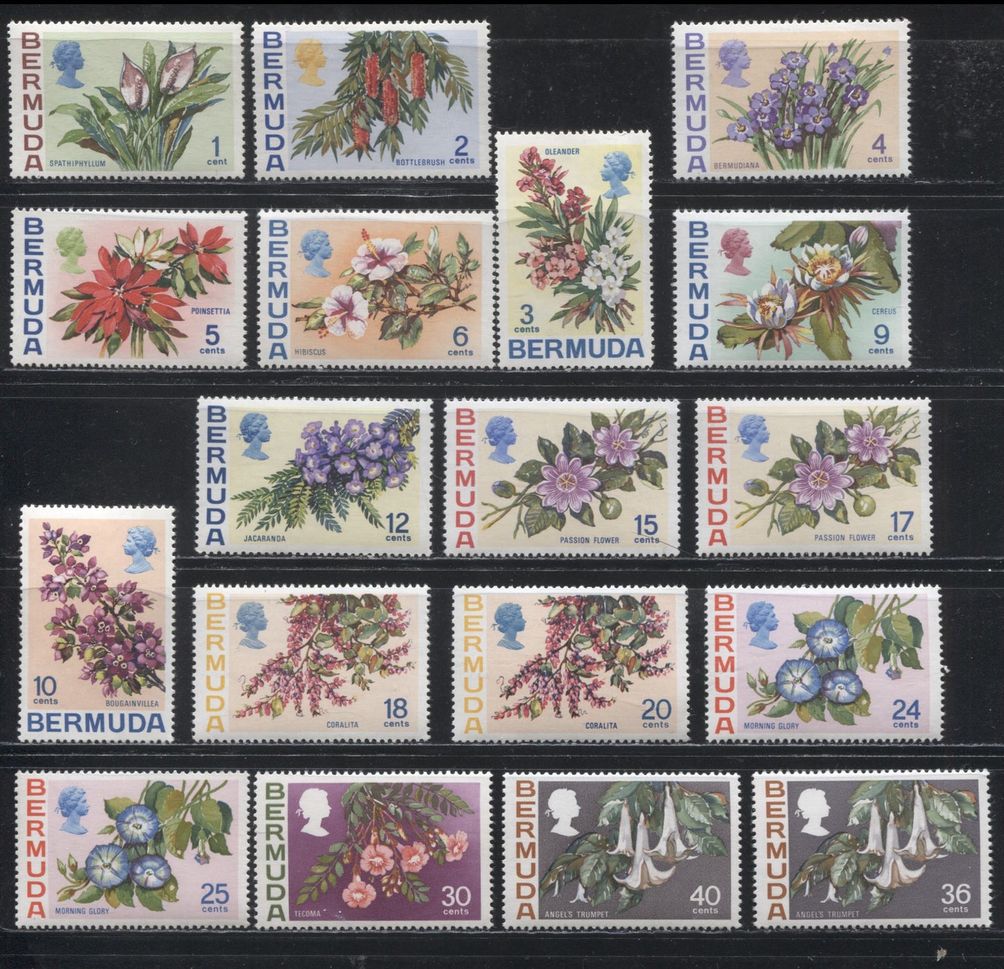 Bermuda SG#249-265a 1970-1974 Floral Definitive Issue, A VFNH Complete Set With Sideways Watermark