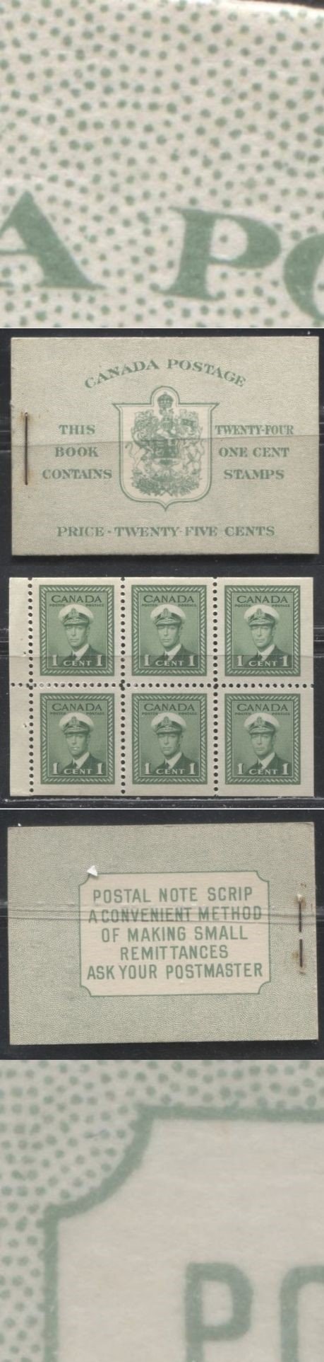 Lot 235 Canada #BK32d 1942-1949 War Issue, Complete English Booklet, 4 Panes of 1c Green, Vertical Wove, Harris Front Cover IIa, Back Cover Type Cai, 6c & 7c Rates
